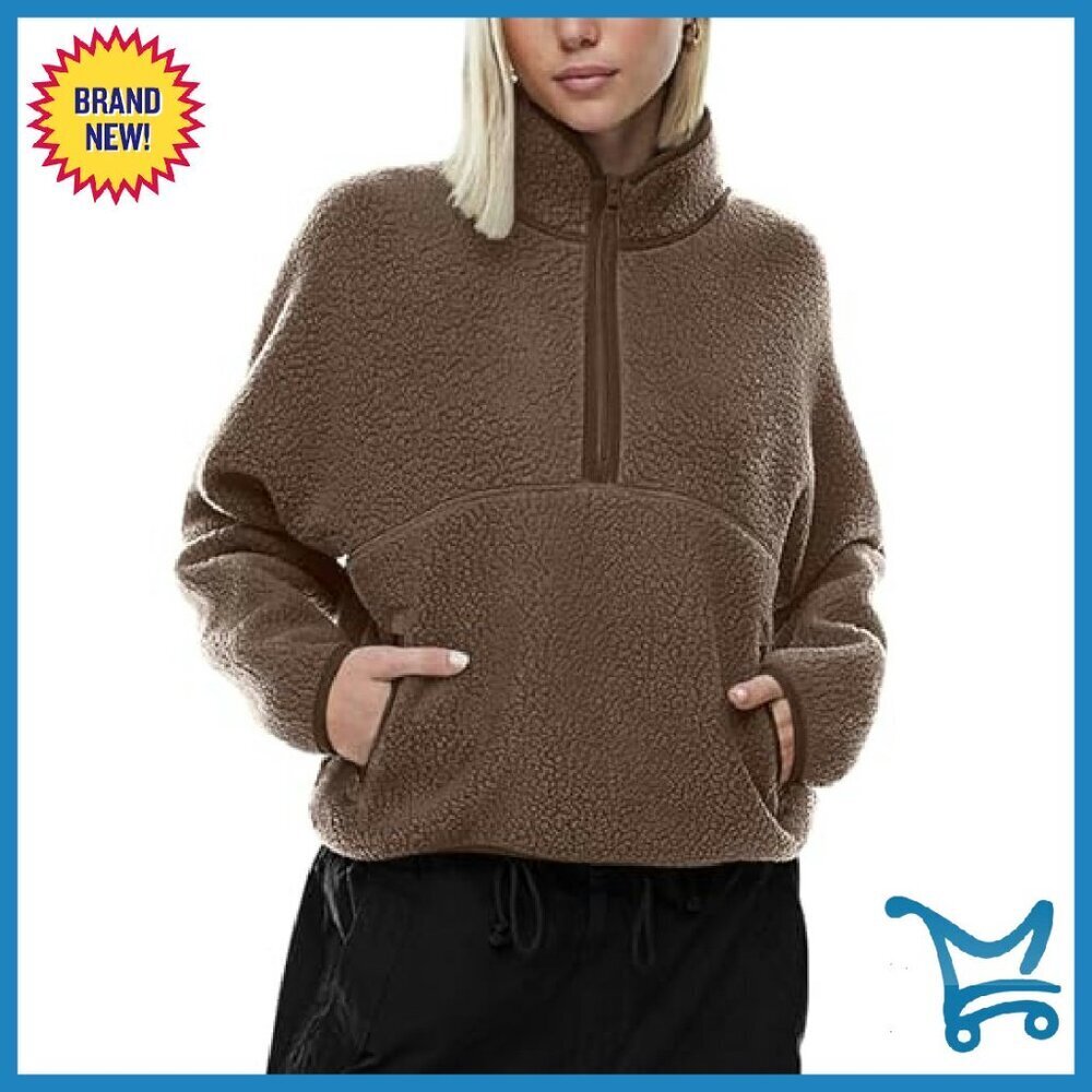 Half Zip Sherpa Fleece Pullover Cropped Sweatshirt with Pockets - Picture 2 of 7